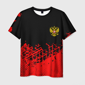 Мужская футболка 3D с принтом Россия герб красные краски , 100% полиэфир | прямой крой, круглый вырез горловины, длина до линии бедер | Тематика изображения на принте: 