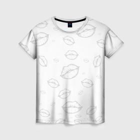 Женская футболка 3D с принтом Паттерн серый контур губ на белом   lips в Белгороде, 100% полиэфир ( синтетическое хлопкоподобное полотно) | прямой крой, круглый вырез горловины, длина до линии бедер | 
