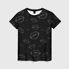 Женская футболка 3D с принтом Паттерн серый контур губ на чёрном   lips black в Санкт-Петербурге, 100% полиэфир ( синтетическое хлопкоподобное полотно) | прямой крой, круглый вырез горловины, длина до линии бедер | 