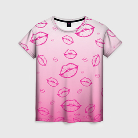 Женская футболка 3D с принтом Паттерн малиновые губы на розовом градиент   lips pink в Петрозаводске, 100% полиэфир ( синтетическое хлопкоподобное полотно) | прямой крой, круглый вырез горловины, длина до линии бедер | Тематика изображения на принте: 