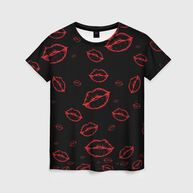 Женская футболка 3D с принтом Паттерн красные губы на черном   lips red в Курске, 100% полиэфир ( синтетическое хлопкоподобное полотно) | прямой крой, круглый вырез горловины, длина до линии бедер | 