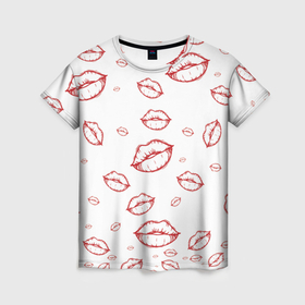 Женская футболка 3D с принтом Паттерн красные губы на белом   lips classic в Курске, 100% полиэфир ( синтетическое хлопкоподобное полотно) | прямой крой, круглый вырез горловины, длина до линии бедер | 
