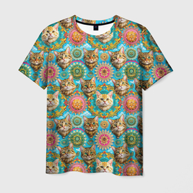 Мужская футболка 3D с принтом Коты как элемент орнамента  мандалы в Кировске, 100% полиэфир | прямой крой, круглый вырез горловины, длина до линии бедер | 