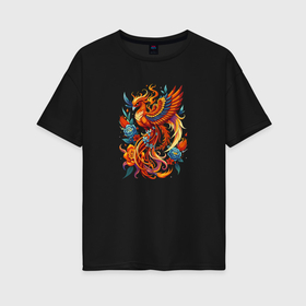 Женская футболка хлопок Oversize с принтом Огненный волшебный феникс Жар птица в Кировске, 100% хлопок | свободный крой, круглый ворот, спущенный рукав, длина до линии бедер
 | 