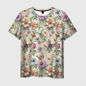 Мужская футболка 3D с принтом Летний узор  с цветами и бабочками в Белгороде, 100% полиэфир | прямой крой, круглый вырез горловины, длина до линии бедер | 