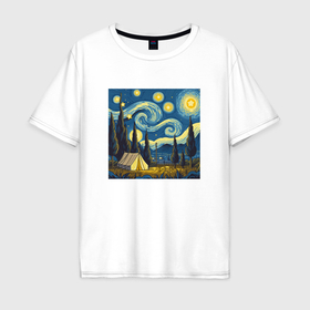 Мужская футболка хлопок Oversize с принтом Кемпинг палатка звездная ночь в стиле картины Ван Гога в Курске, 100% хлопок | свободный крой, круглый ворот, “спинка” длиннее передней части | 