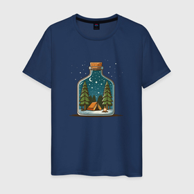 Мужская футболка хлопок с принтом Кемпинг лагерь в бутылке под звездным небом в Курске, 100% хлопок | прямой крой, круглый вырез горловины, длина до линии бедер, слегка спущенное плечо. | 