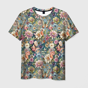Мужская футболка 3D с принтом Бабочки и цветы летнее сочетание в Екатеринбурге, 100% полиэфир | прямой крой, круглый вырез горловины, длина до линии бедер | 