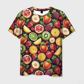Мужская футболка 3D с принтом Тропические фрукты  паттерн в Тюмени, 100% полиэфир | прямой крой, круглый вырез горловины, длина до линии бедер | 