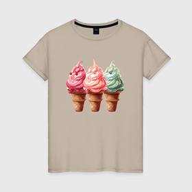 Женская футболка хлопок с принтом Три мороженых , 100% хлопок | прямой крой, круглый вырез горловины, длина до линии бедер, слегка спущенное плечо | 