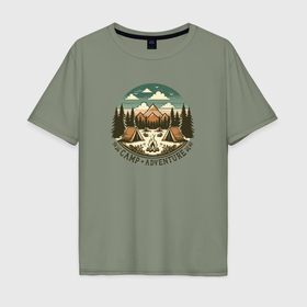 Мужская футболка хлопок Oversize с принтом Лагерь приключений кемпинг в стиле ретро винтаж в Курске, 100% хлопок | свободный крой, круглый ворот, “спинка” длиннее передней части | 
