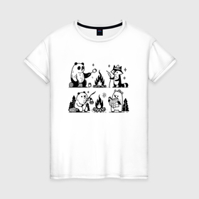 Женская футболка хлопок с принтом Забавные лесные звери на природе   туристы енот и медведь в Рязани, 100% хлопок | прямой крой, круглый вырез горловины, длина до линии бедер, слегка спущенное плечо | 