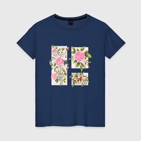 Женская футболка хлопок с принтом Цветы шиповника в Курске, 100% хлопок | прямой крой, круглый вырез горловины, длина до линии бедер, слегка спущенное плечо | 