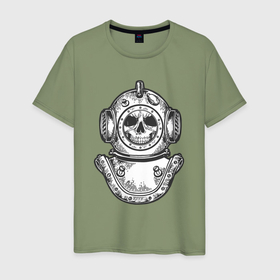 Мужская футболка хлопок с принтом Скелет аквалангист в Курске, 100% хлопок | прямой крой, круглый вырез горловины, длина до линии бедер, слегка спущенное плечо. | 