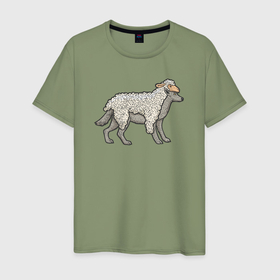 Мужская футболка хлопок с принтом Волк в шкуре овцы в Новосибирске, 100% хлопок | прямой крой, круглый вырез горловины, длина до линии бедер, слегка спущенное плечо. | Тематика изображения на принте: 