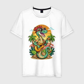 Мужская футболка хлопок с принтом Веселая змея играет на гитаре в Тюмени, 100% хлопок | прямой крой, круглый вырез горловины, длина до линии бедер, слегка спущенное плечо. | 