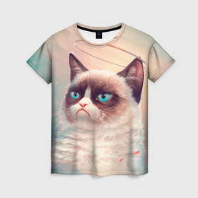 Женская футболка 3D с принтом Мемный кот Grumpy Cat с нимбом в Курске, 100% полиэфир ( синтетическое хлопкоподобное полотно) | прямой крой, круглый вырез горловины, длина до линии бедер | 