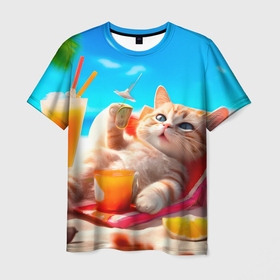 Мужская футболка 3D с принтом Летний кот на пляже с коктейлем и очками , 100% полиэфир | прямой крой, круглый вырез горловины, длина до линии бедер | Тематика изображения на принте: 