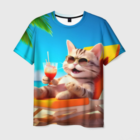 Мужская футболка 3D с принтом Счастливый кот на солнечном пляже в очках , 100% полиэфир | прямой крой, круглый вырез горловины, длина до линии бедер | 
