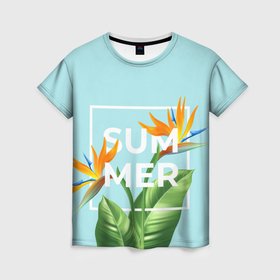 Женская футболка 3D с принтом Цветочное тропическое лето , 100% полиэфир ( синтетическое хлопкоподобное полотно) | прямой крой, круглый вырез горловины, длина до линии бедер | Тематика изображения на принте: 