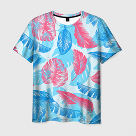 Мужская футболка 3D с принтом Летние тропики цветы  розовое с голубым в Белгороде, 100% полиэфир | прямой крой, круглый вырез горловины, длина до линии бедер | 