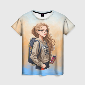 Женская футболка 3D с принтом Школьница в Санкт-Петербурге, 100% полиэфир ( синтетическое хлопкоподобное полотно) | прямой крой, круглый вырез горловины, длина до линии бедер | 