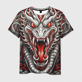 Мужская футболка 3D с принтом Крупная морда змеи  красно белая в Санкт-Петербурге, 100% полиэфир | прямой крой, круглый вырез горловины, длина до линии бедер | 