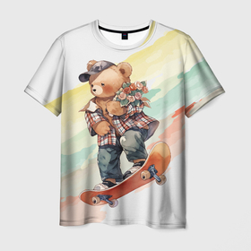 Мужская футболка 3D с принтом Медведь на скейте с букетом цветов в Петрозаводске, 100% полиэфир | прямой крой, круглый вырез горловины, длина до линии бедер | 