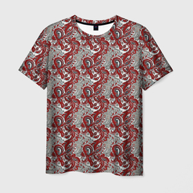 Мужская футболка 3D с принтом Цветочный паттерн красно серый в Екатеринбурге, 100% полиэфир | прямой крой, круглый вырез горловины, длина до линии бедер | 