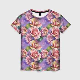 Женская футболка 3D с принтом Крупные розовые розы , 100% полиэфир ( синтетическое хлопкоподобное полотно) | прямой крой, круглый вырез горловины, длина до линии бедер | 