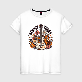 Женская футболка хлопок с принтом Гитара в цветах музыкальный фестиваль ретро хиппи в Новосибирске, 100% хлопок | прямой крой, круглый вырез горловины, длина до линии бедер, слегка спущенное плечо | 