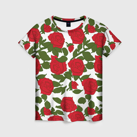 Женская футболка 3D с принтом Красные розы векторные в Новосибирске, 100% полиэфир ( синтетическое хлопкоподобное полотно) | прямой крой, круглый вырез горловины, длина до линии бедер | 
