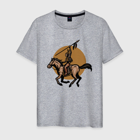 Мужская футболка хлопок с принтом Индеец с копьём на лошади в Новосибирске, 100% хлопок | прямой крой, круглый вырез горловины, длина до линии бедер, слегка спущенное плечо. | Тематика изображения на принте: 