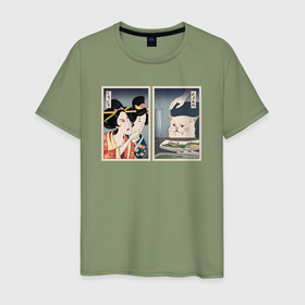Мужская футболка хлопок с принтом Кот мем в японском стиле в Петрозаводске, 100% хлопок | прямой крой, круглый вырез горловины, длина до линии бедер, слегка спущенное плечо. | 