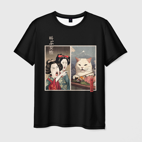 Мужская футболка 3D с принтом Мем с котом в японском стиле в Тюмени, 100% полиэфир | прямой крой, круглый вырез горловины, длина до линии бедер | 