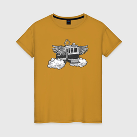 Женская футболка хлопок с принтом Крылатый трамвай в Курске, 100% хлопок | прямой крой, круглый вырез горловины, длина до линии бедер, слегка спущенное плечо | 