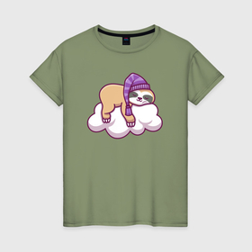 Женская футболка хлопок с принтом Ленивец на облаке в Рязани, 100% хлопок | прямой крой, круглый вырез горловины, длина до линии бедер, слегка спущенное плечо | 