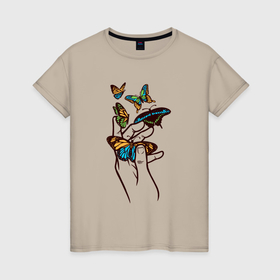 Женская футболка хлопок с принтом Нежные бабочки в Кировске, 100% хлопок | прямой крой, круглый вырез горловины, длина до линии бедер, слегка спущенное плечо | 