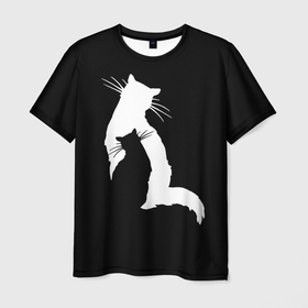 Мужская футболка 3D с принтом Кошки   черная и белая в Петрозаводске, 100% полиэфир | прямой крой, круглый вырез горловины, длина до линии бедер | 