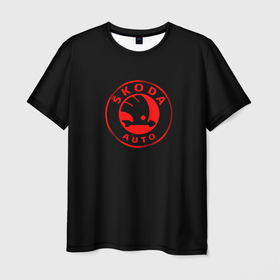 Мужская футболка 3D с принтом Skoda red logo в Петрозаводске, 100% полиэфир | прямой крой, круглый вырез горловины, длина до линии бедер | Тематика изображения на принте: 
