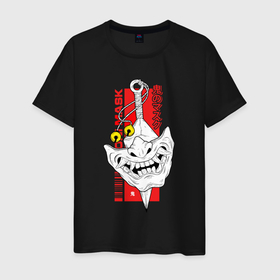 Мужская футболка хлопок с принтом Маска японского демона   Хання в Екатеринбурге, 100% хлопок | прямой крой, круглый вырез горловины, длина до линии бедер, слегка спущенное плечо. | Тематика изображения на принте: 