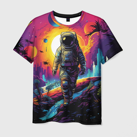 Мужская футболка 3D с принтом Космонавт на цветной планете , 100% полиэфир | прямой крой, круглый вырез горловины, длина до линии бедер | 