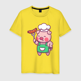 Мужская футболка хлопок с принтом Свинка кулинар в Санкт-Петербурге, 100% хлопок | прямой крой, круглый вырез горловины, длина до линии бедер, слегка спущенное плечо. | 