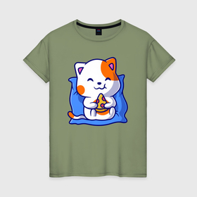 Женская футболка хлопок с принтом Довольный котёнок с пиццей в Новосибирске, 100% хлопок | прямой крой, круглый вырез горловины, длина до линии бедер, слегка спущенное плечо | 