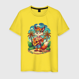 Мужская футболка хлопок с принтом Лисица с гитарой  жаркое лето в Санкт-Петербурге, 100% хлопок | прямой крой, круглый вырез горловины, длина до линии бедер, слегка спущенное плечо. | 