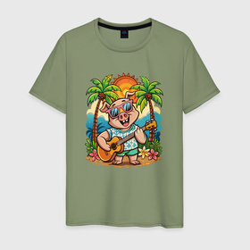 Мужская футболка хлопок с принтом Поросенок с гитарой  жаркое лето в Санкт-Петербурге, 100% хлопок | прямой крой, круглый вырез горловины, длина до линии бедер, слегка спущенное плечо. | 