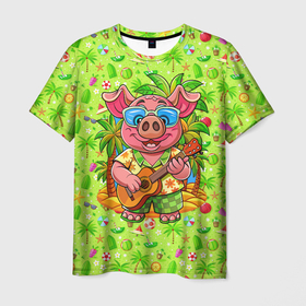 Мужская футболка 3D с принтом Свинка с  гитарой жаркое лето в Санкт-Петербурге, 100% полиэфир | прямой крой, круглый вырез горловины, длина до линии бедер | 
