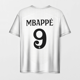 Мужская футболка 3D с принтом Мбаппе Реал Мадрид форма 24 25 домашняя в Санкт-Петербурге, 100% полиэфир | прямой крой, круглый вырез горловины, длина до линии бедер | Тематика изображения на принте: 