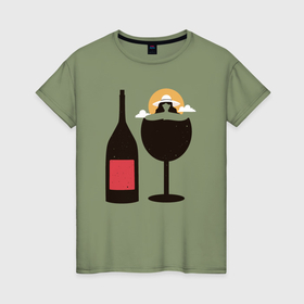 Женская футболка хлопок с принтом Красотка в бокале вина в Новосибирске, 100% хлопок | прямой крой, круглый вырез горловины, длина до линии бедер, слегка спущенное плечо | 
