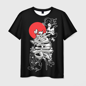 Мужская футболка 3D с принтом Японская гейша и карп кои в Курске, 100% полиэфир | прямой крой, круглый вырез горловины, длина до линии бедер | Тематика изображения на принте: 